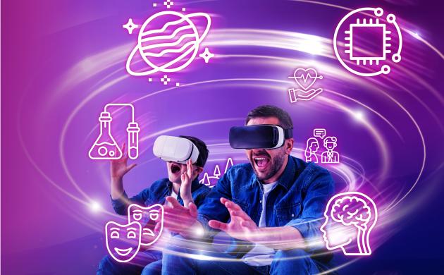 Een kind en vader met een VR-bril zien verschillende iconen