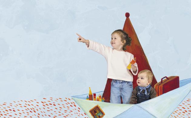 Twee kleuters zitten in een getekend bootje